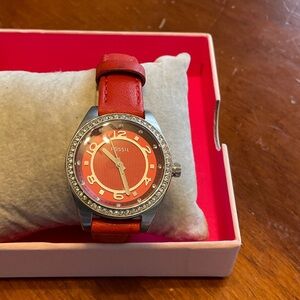 Fossil Red Leather Strap Watch with Crystal Bezel